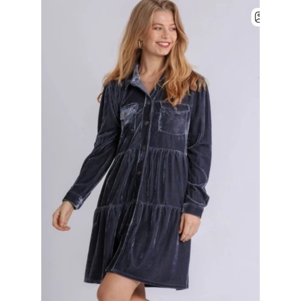 Umgee USA Velvet Button Down Tiered Dress‎ Steel Blue Plus 2XL Boho Pockets EUC